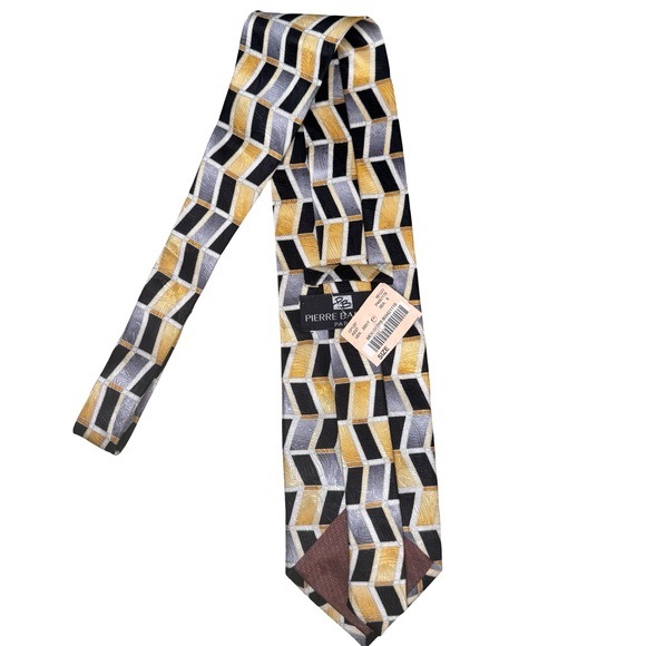 NWT Pierre Balmain Paris Vintage Silk Geometric Print Tie Gold Black Silver - Picture 11 of 14